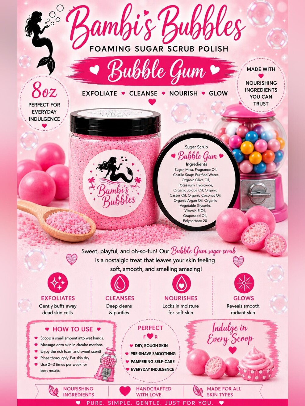 8oz New! Bubble Gum Foaming Sugar Scrub Polish